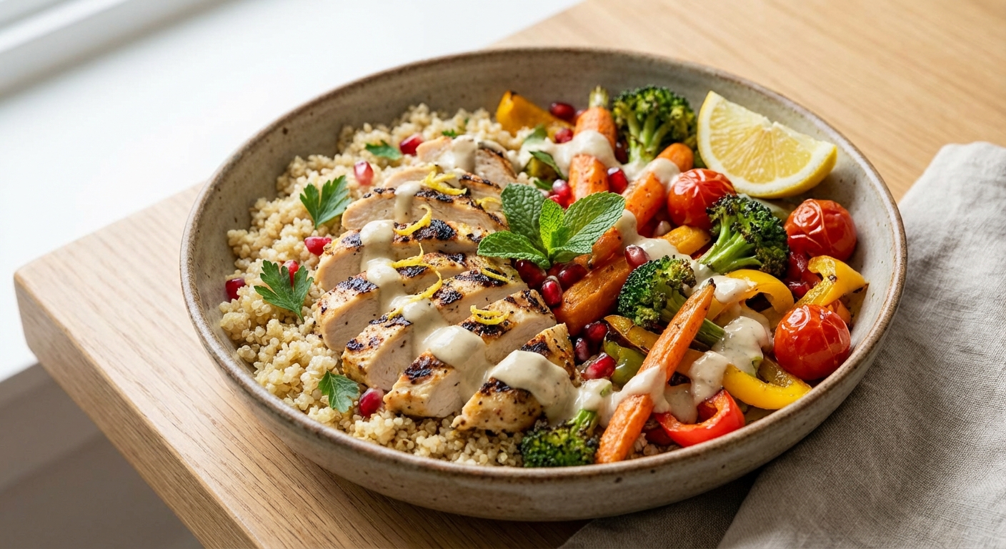 Grilled Lemon-Chicken Quinoa Bowl with Roasted Vegetables & Tahini-Lemon Dressing