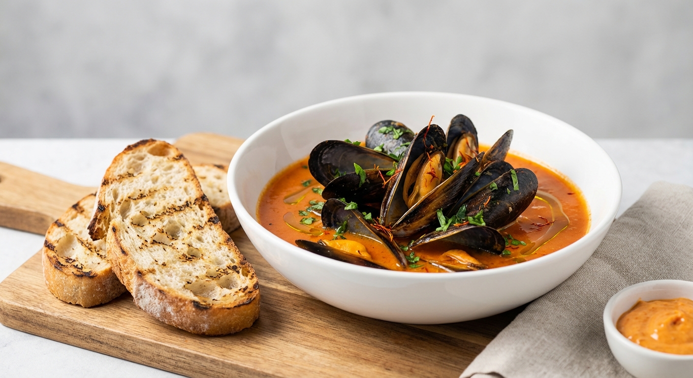 Mussels in Quick Tomato–Saffron Broth with Rustic Ciabatta