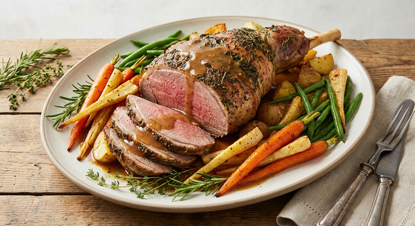 Herb-Roasted Leg of Lamb with Garlic Roasted Roots & Green Beans