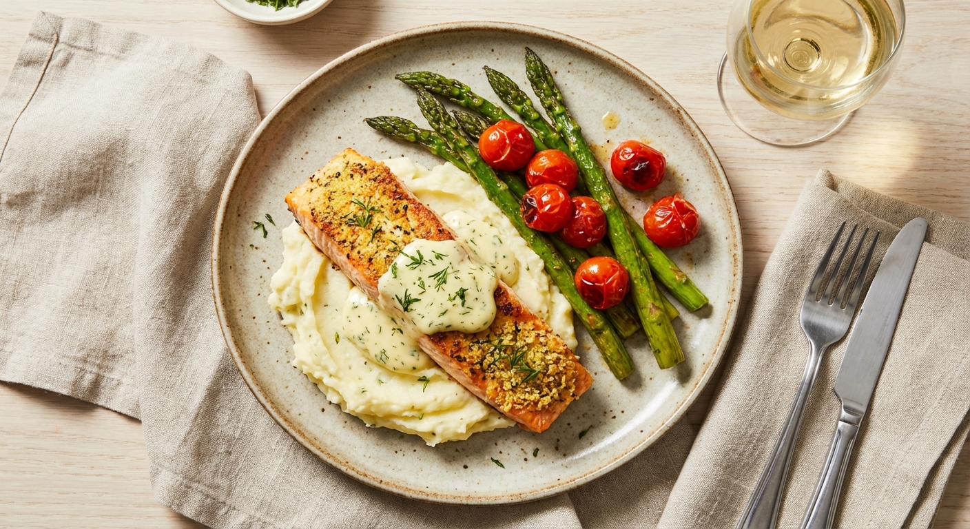 Baked Lemon-Dill Salmon with Garlic Mashed Potatoes and Roasted Asparagus