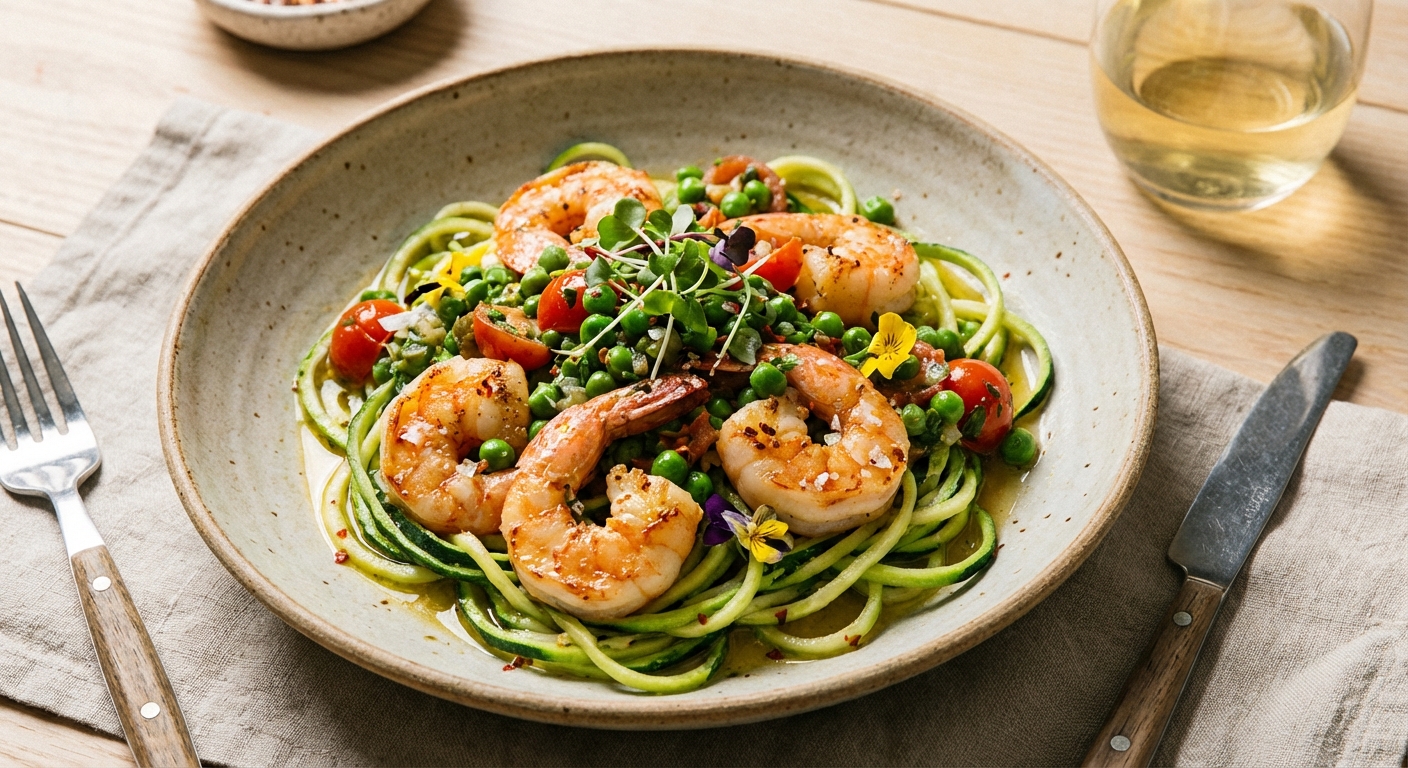 Garlic-Butter Shrimp with Zucchini Noodles, Spring Pea & Cherry Tomato Salsa