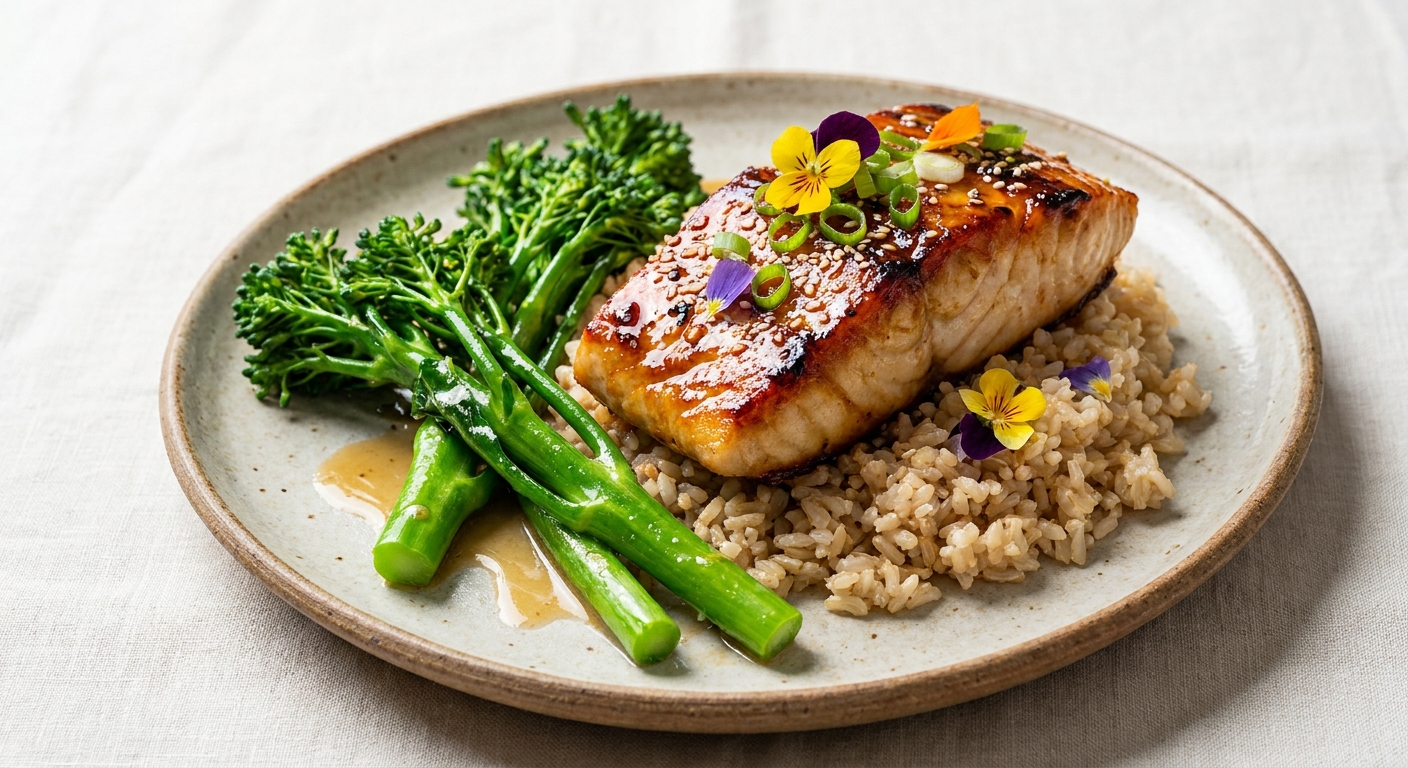 Miso-Maple Glazed Sea Bass with Steamed Broccolini and Sticky Brown Rice
