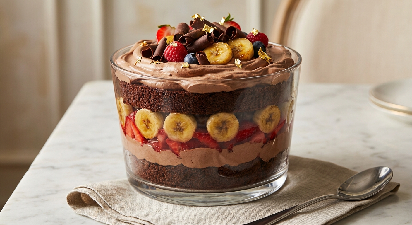 Decadent Chocolate Trifle with Macerated Strawberries, Caramelized Banana & Chocolate Chantilly