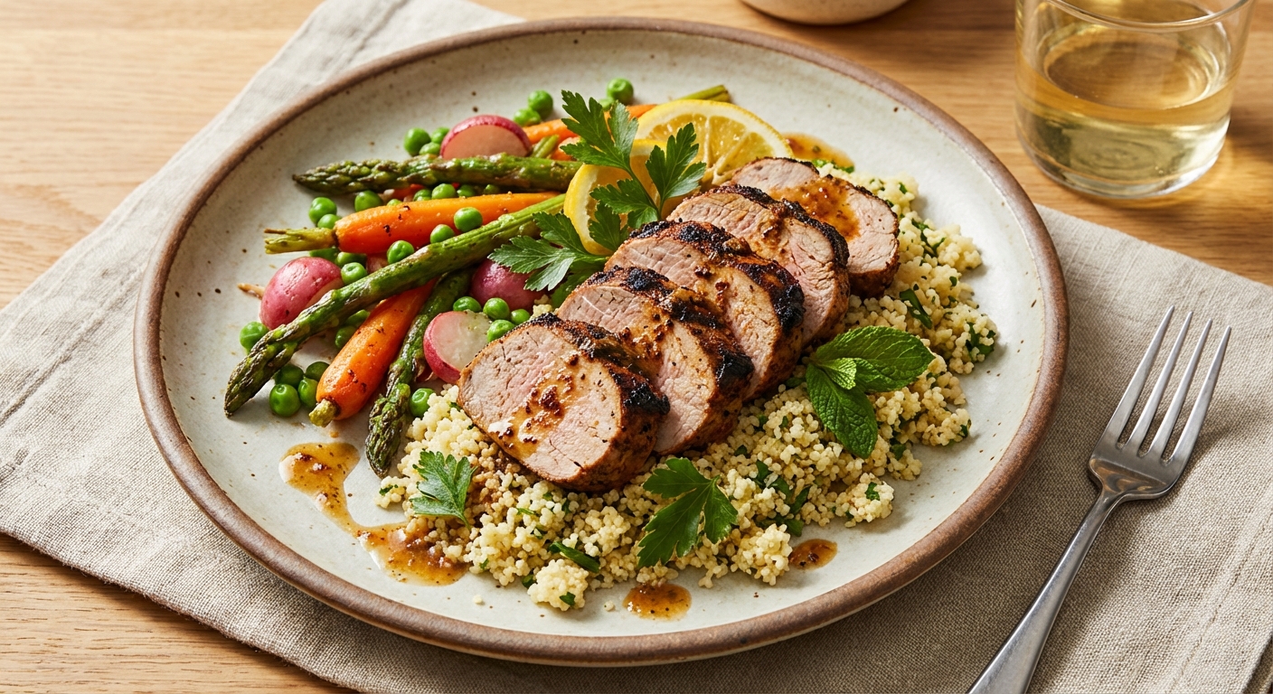 Grilled Citrus‑Cumin Pork Tenderloin with Warm Lemon‑Parsley Couscous and Roasted Spring Vegetables