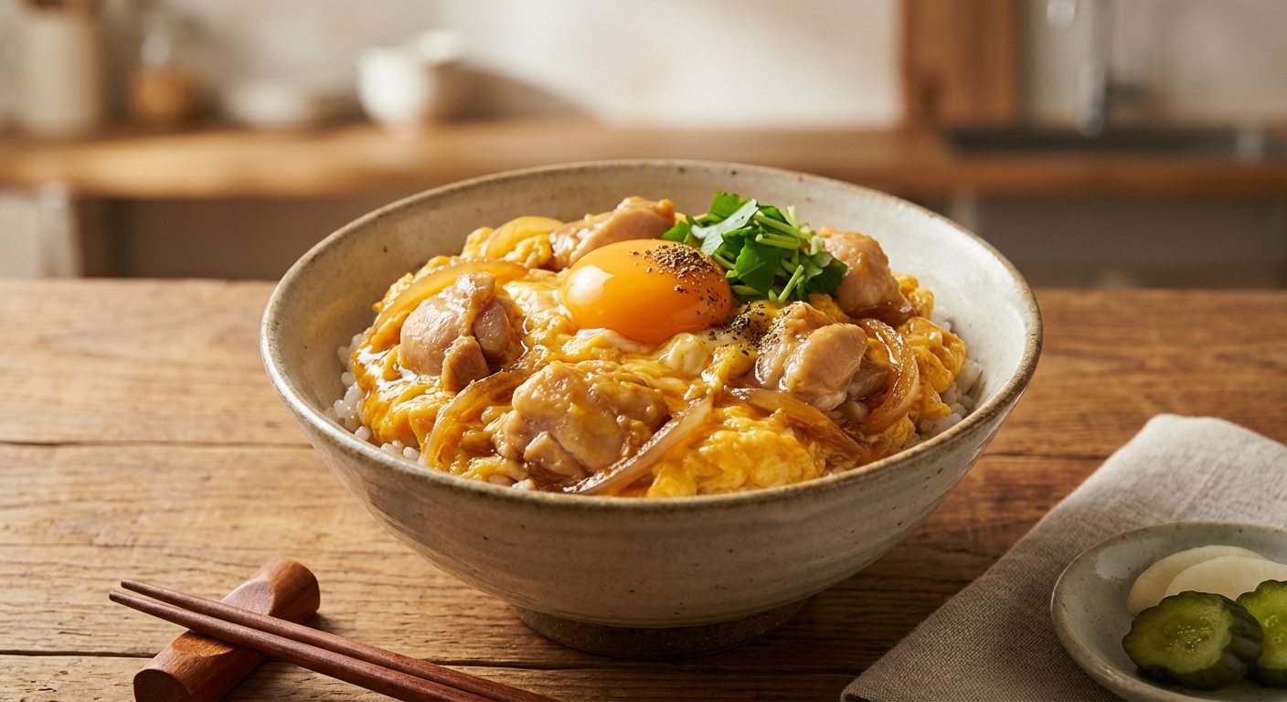 Oyakodon-Style Chicken & Egg Bowl with Caramelized Onion and Garlic-Infused Dashi
