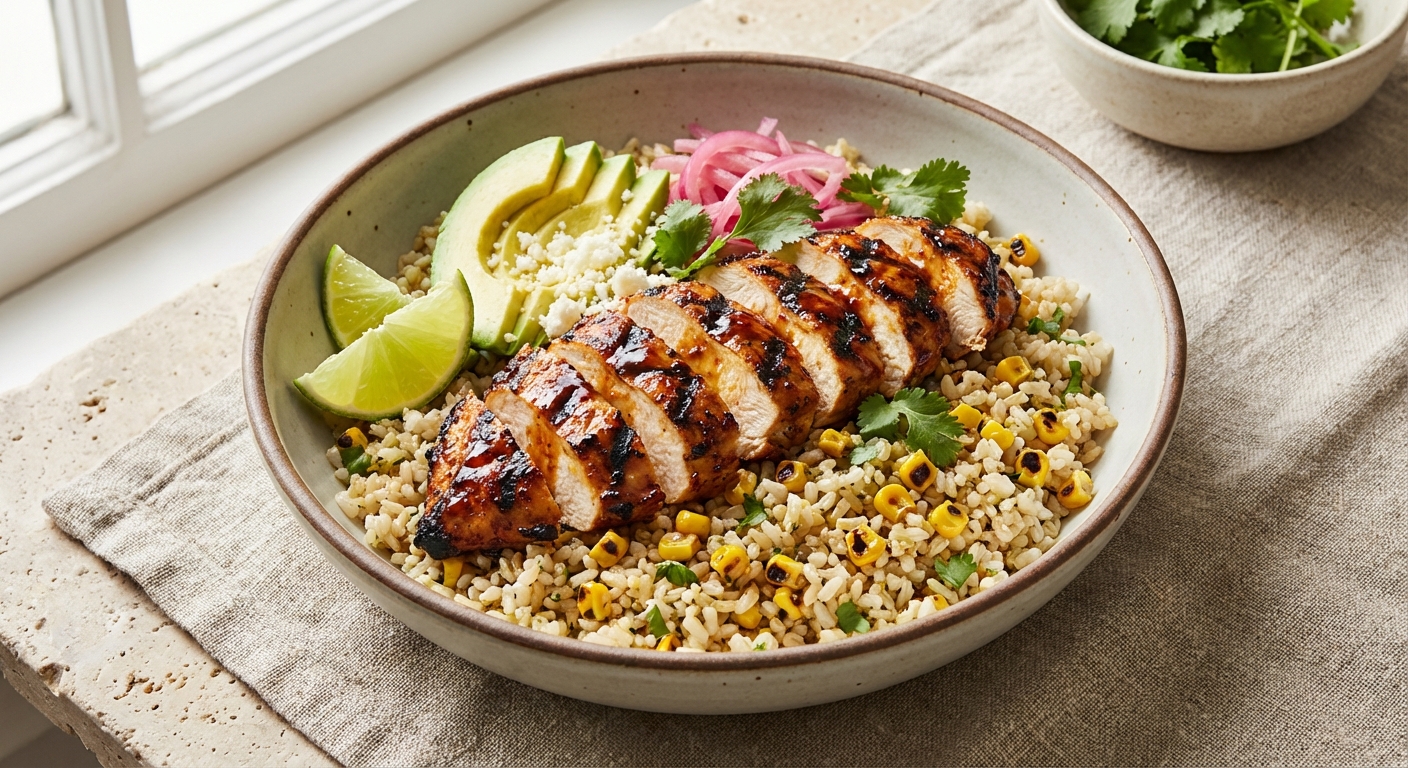Grilled Chipotle‑Lime Chicken Bowl with Charred Corn & Cilantro Brown Rice