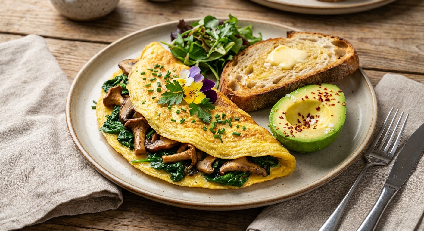 Spinach & Mushroom Omelette with Toast and Avocado