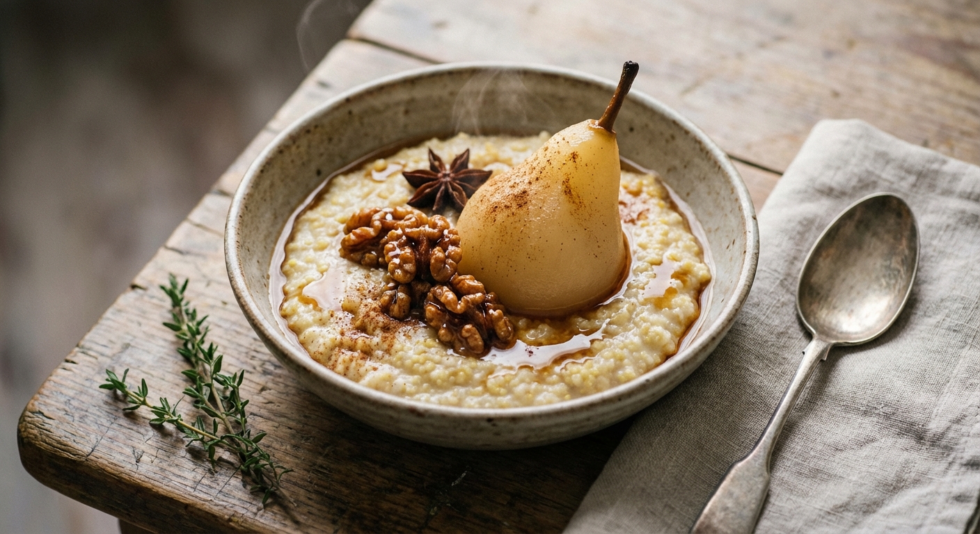 Warm Spiced Millet Porridge with Poached Pear & Toasted Walnuts