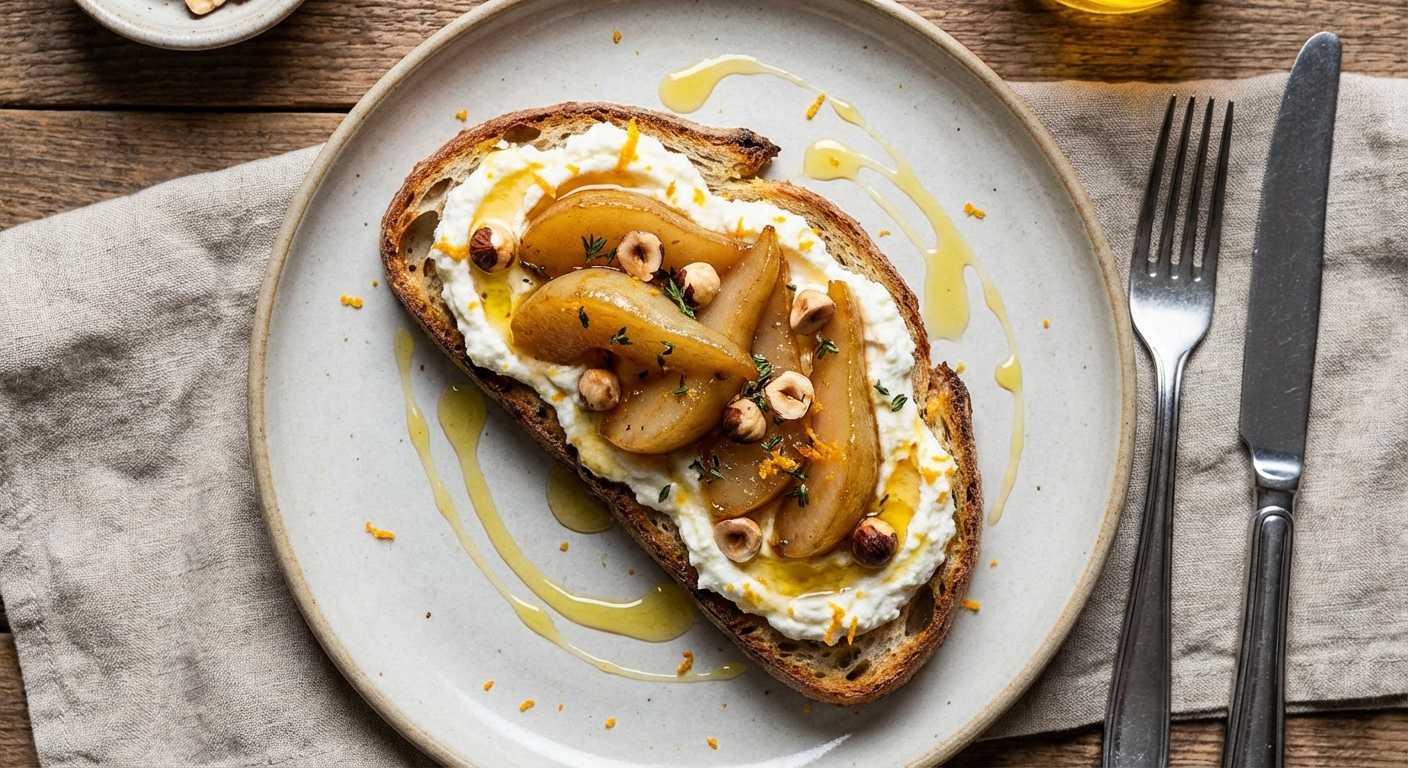 Warm Ricotta, Honey & Citrus Toast with Sautéed Winter Pears