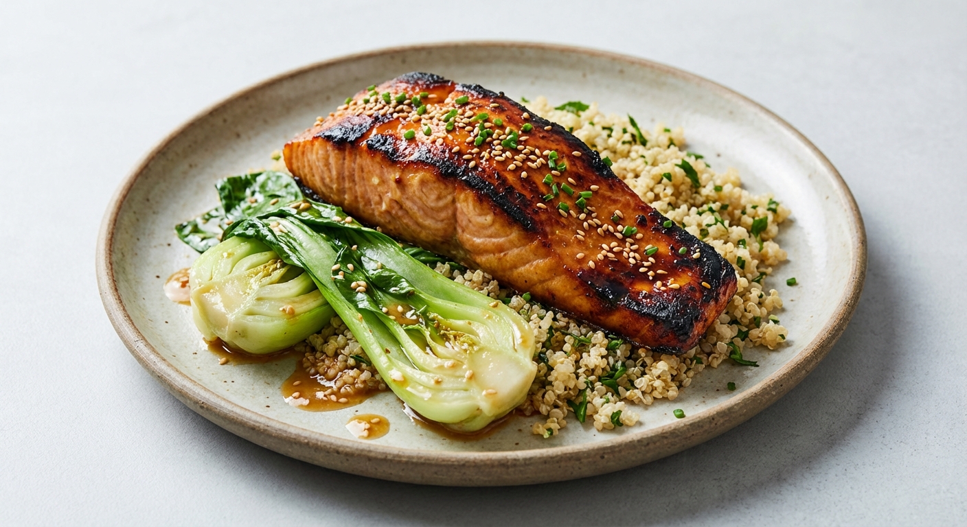 Miso-Glazed Salmon with Sesame Bok Choy and Quick Quinoa