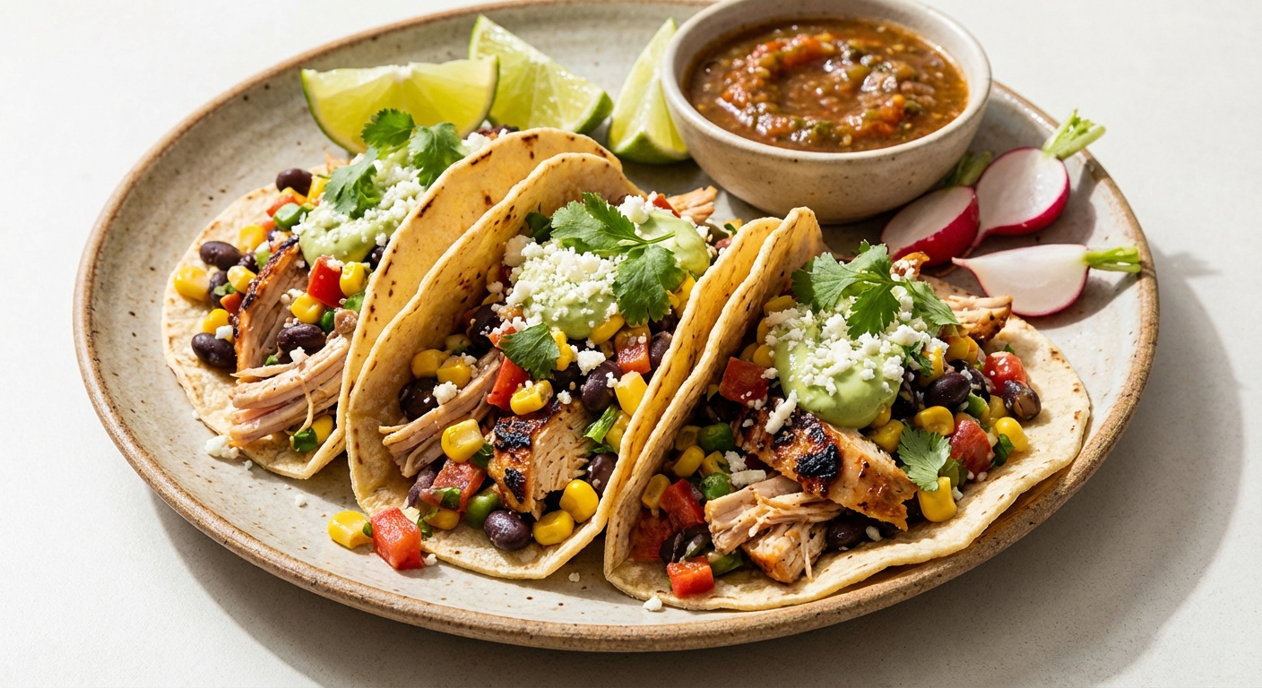 Shredded Rotisserie Chicken Tacos with Black Bean & Corn Salad