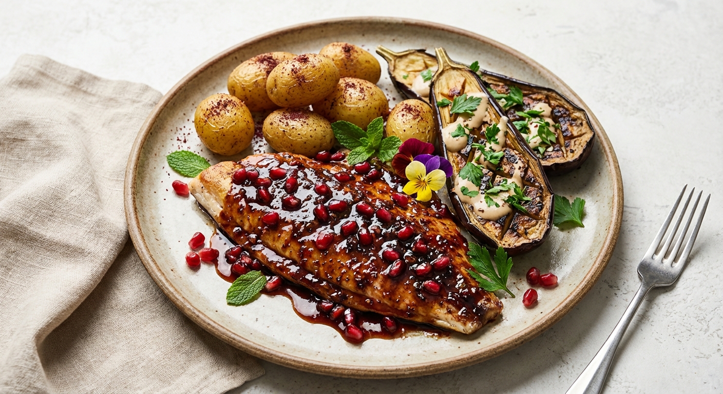 Pomegranate-Glazed Sea Bream with Sumac-Roasted New Potatoes & Charred Eggplant