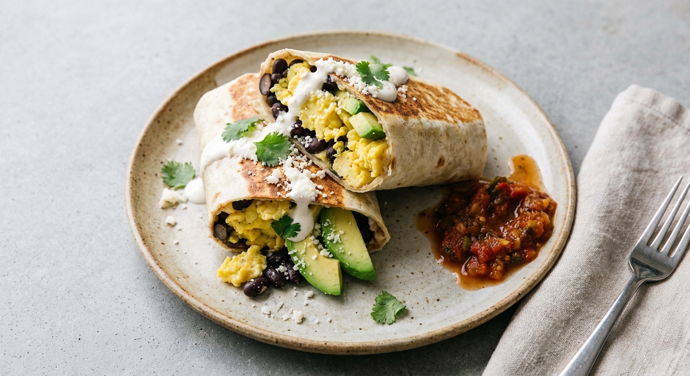 Breakfast Burrito with Scrambled Eggs, Black Beans & Avocado