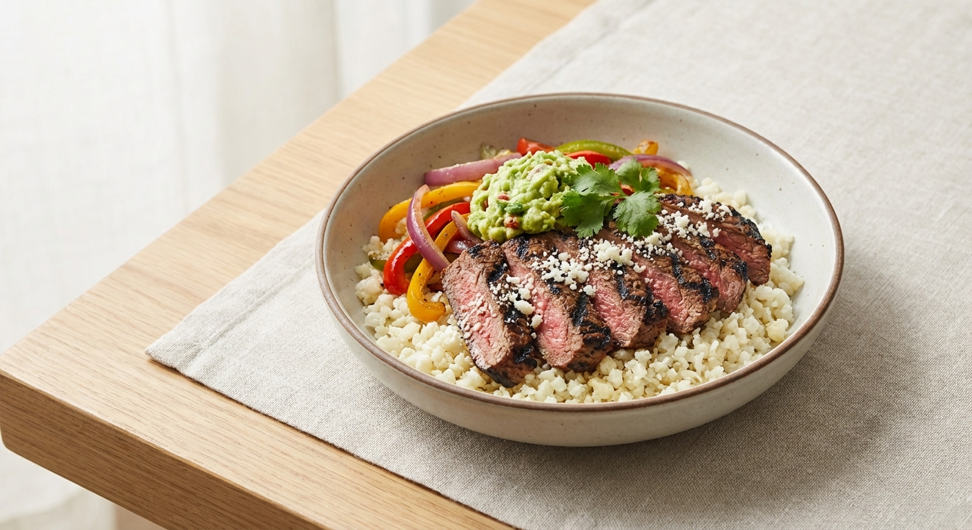 Grilled Steak Fajita Salad with Peppers, Onions, Cauliflower Rice & Guacamole