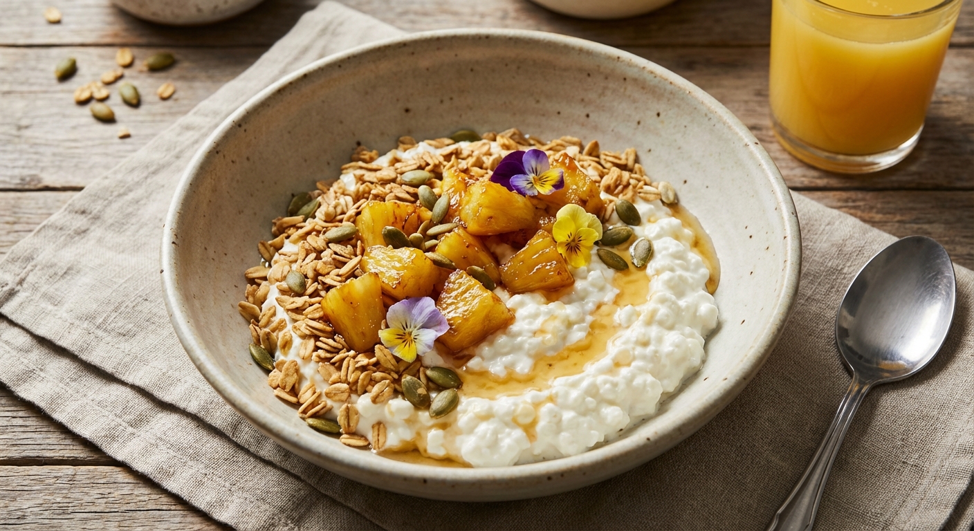 Cottage Cheese Bowl with Pineapple, Toasted Oats & Pumpkin Seeds
