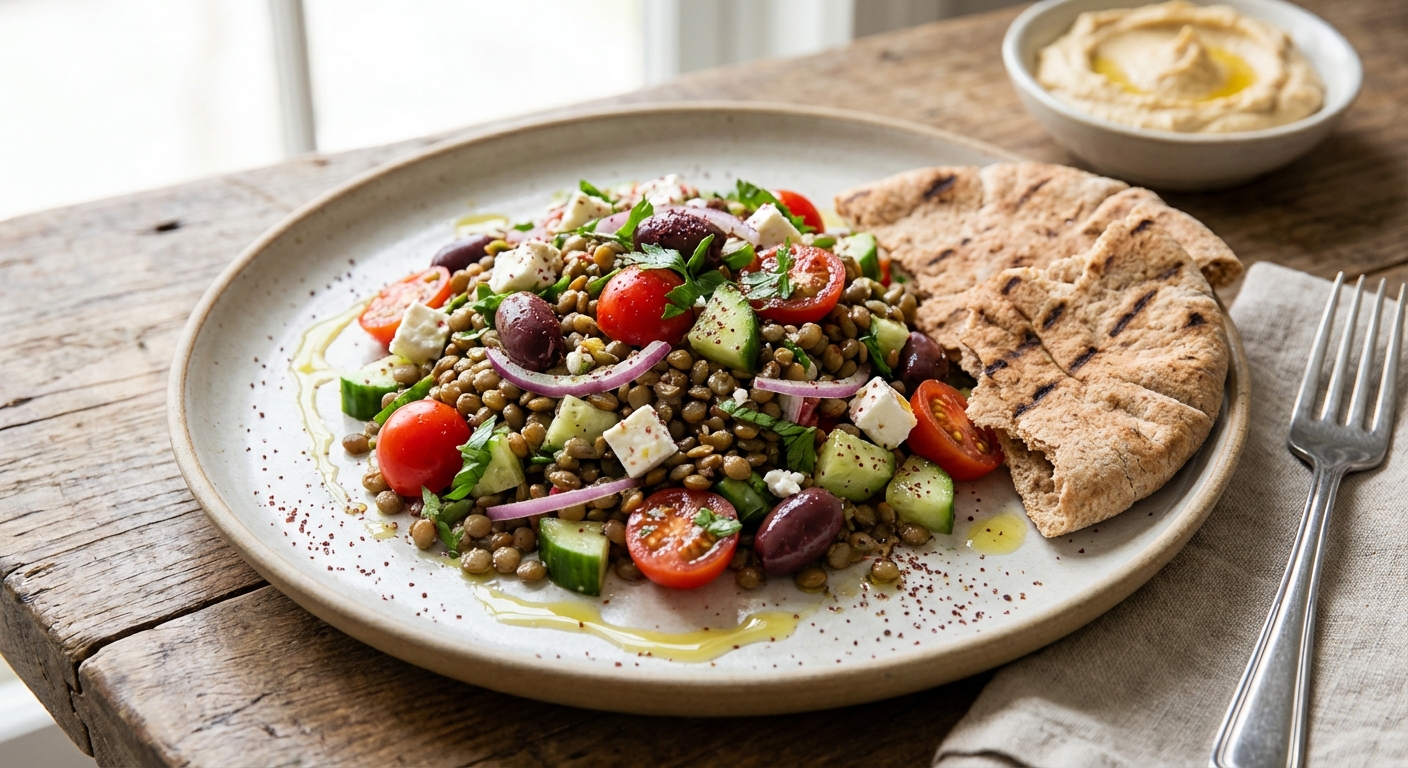 Mediterranean Lentil Salad with Whole Wheat Pita