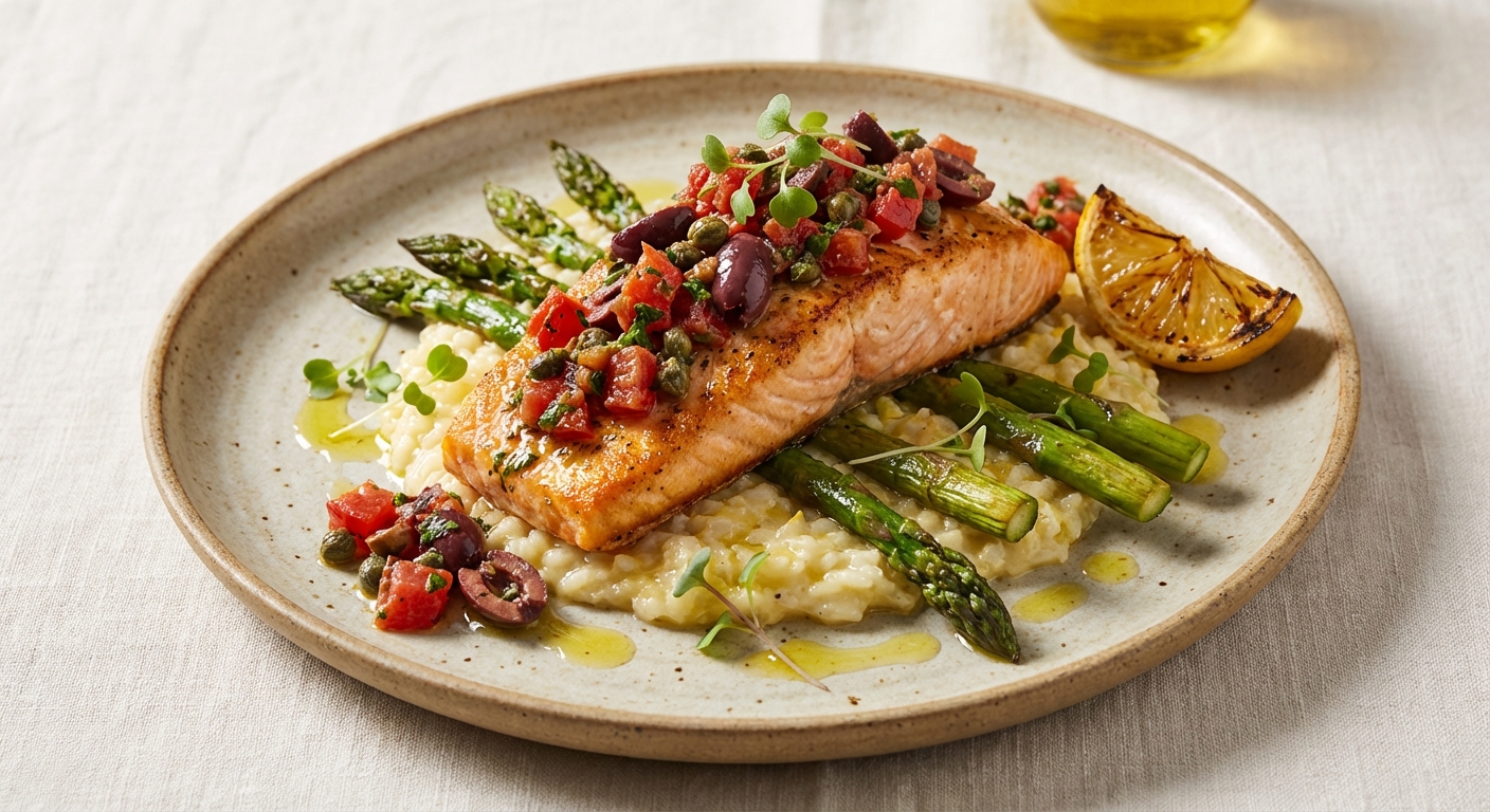Baked Salmon with Tomato-Olive Tapenade, Lemon Risotto & Asparagus