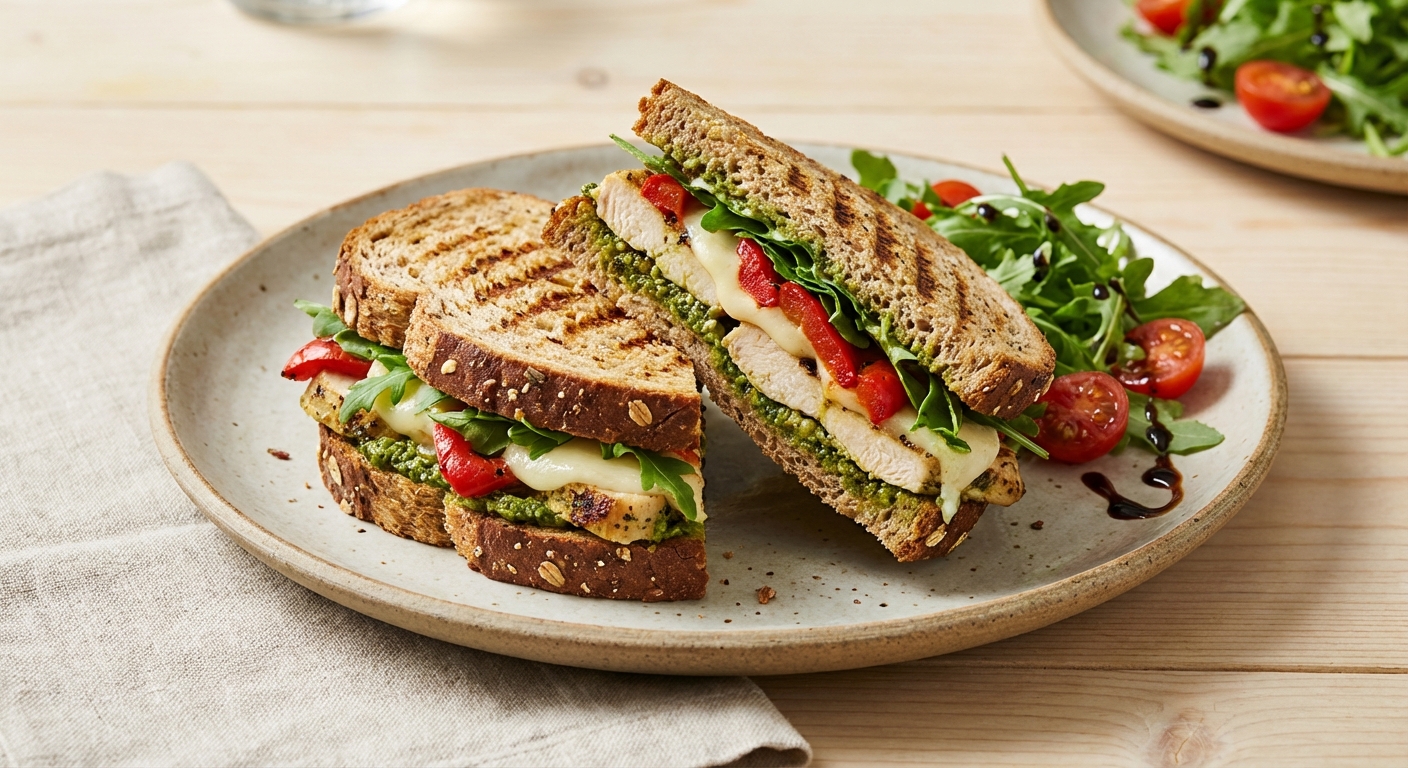Pesto Chicken Whole-Grain Panini with Arugula & Tomato