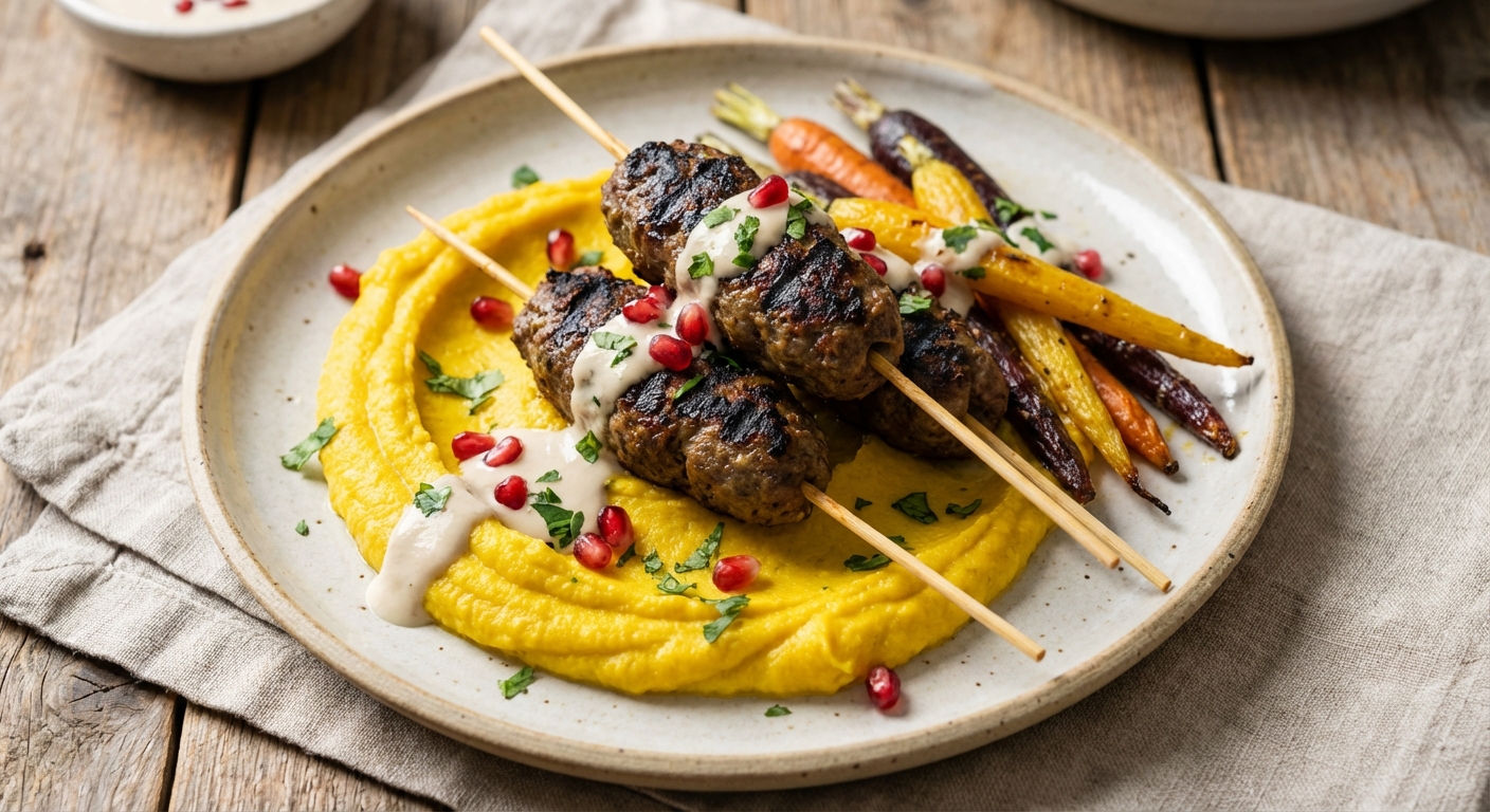 Lamb Kofta Skewers with Turmeric Cauliflower Mash & Roasted Carrots