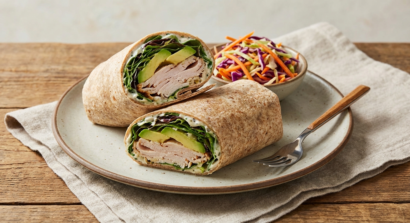 Turkey, Avocado & Mixed-Greens Wrap with Carrot-Cabbage Slaw