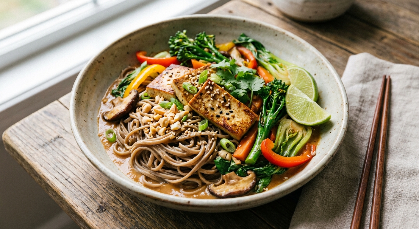 Soba Noodles with Stir-Fried Tofu, Vegetables & Peanut Sauce