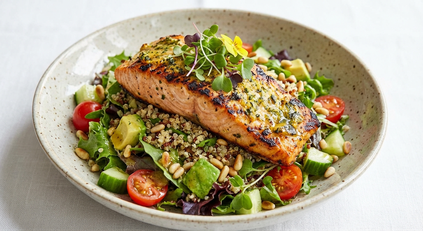 Grilled Salmon Salad with Mixed Greens & Quinoa