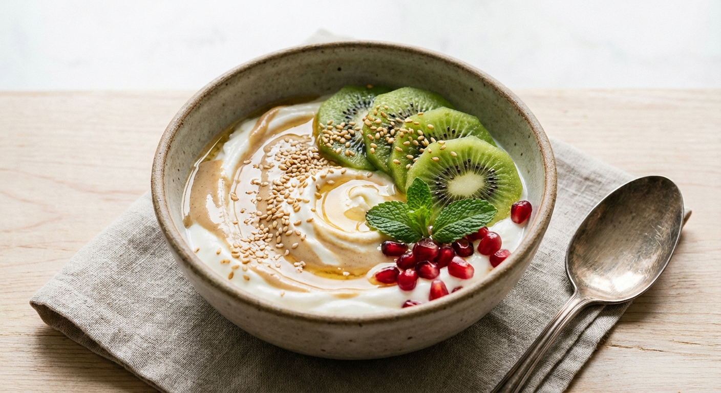 Greek Yogurt Tahini Bowl with Kiwi & Toasted Sesame