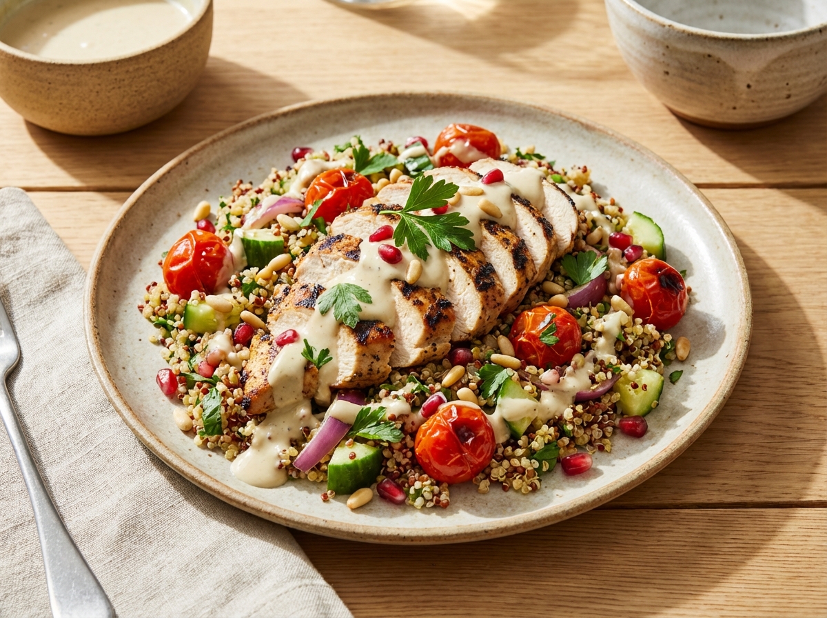 Grilled Chicken & Quinoa Salad with Lemon-Tahini Dressing
