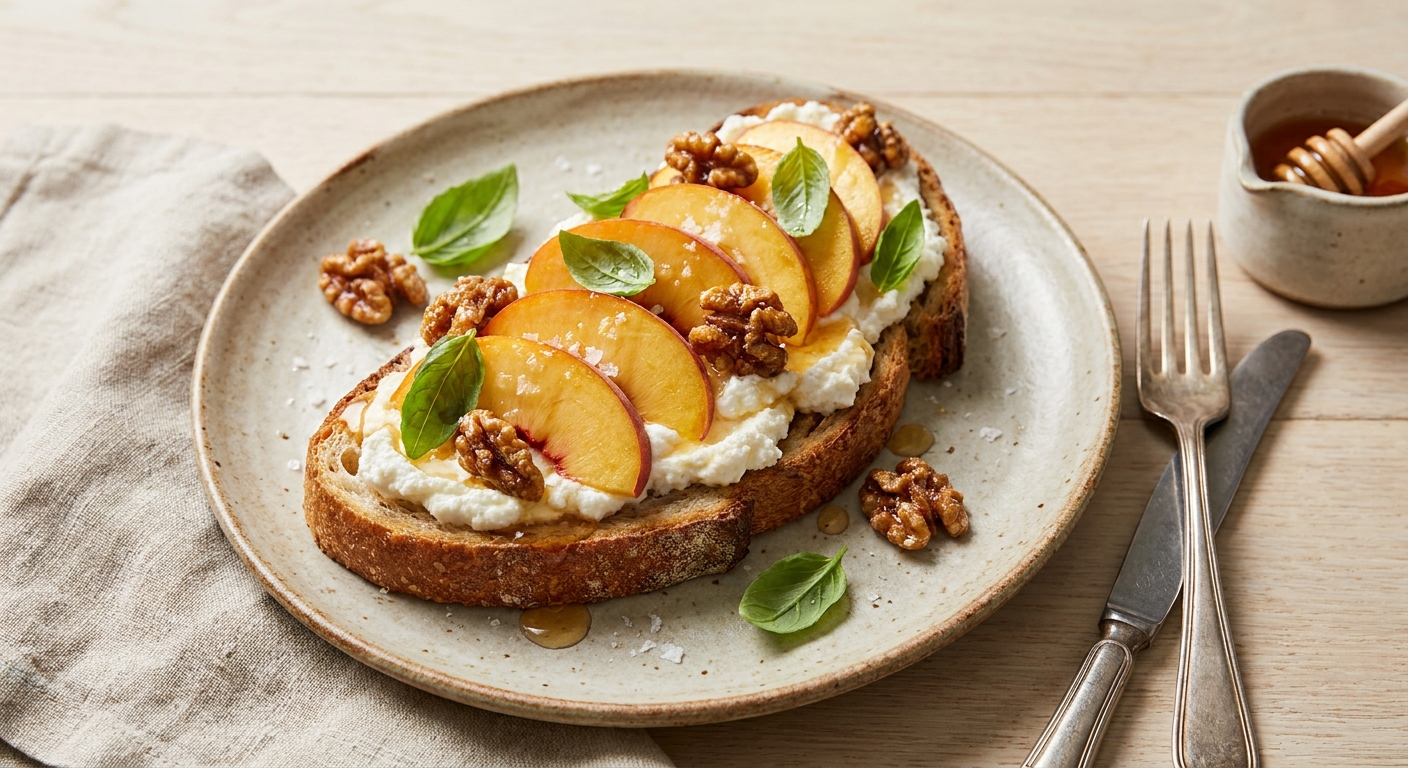 Peach–Basil Ricotta Toast with Honey & Walnut Crunch