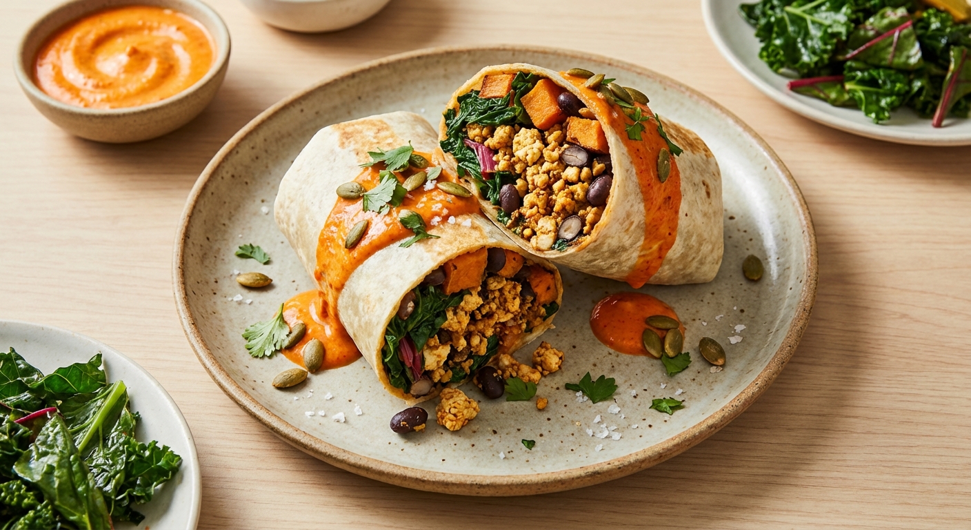 Smoky Tofu Scramble Breakfast Burrito with Winter Greens & Harissa Yogurt