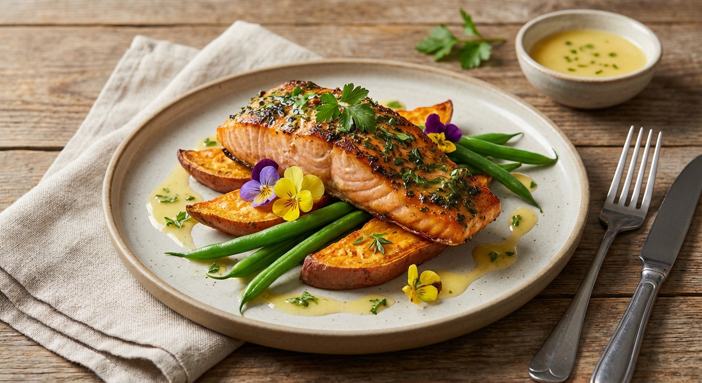 Baked Salmon with Roasted Sweet Potato & Steamed Green Beans