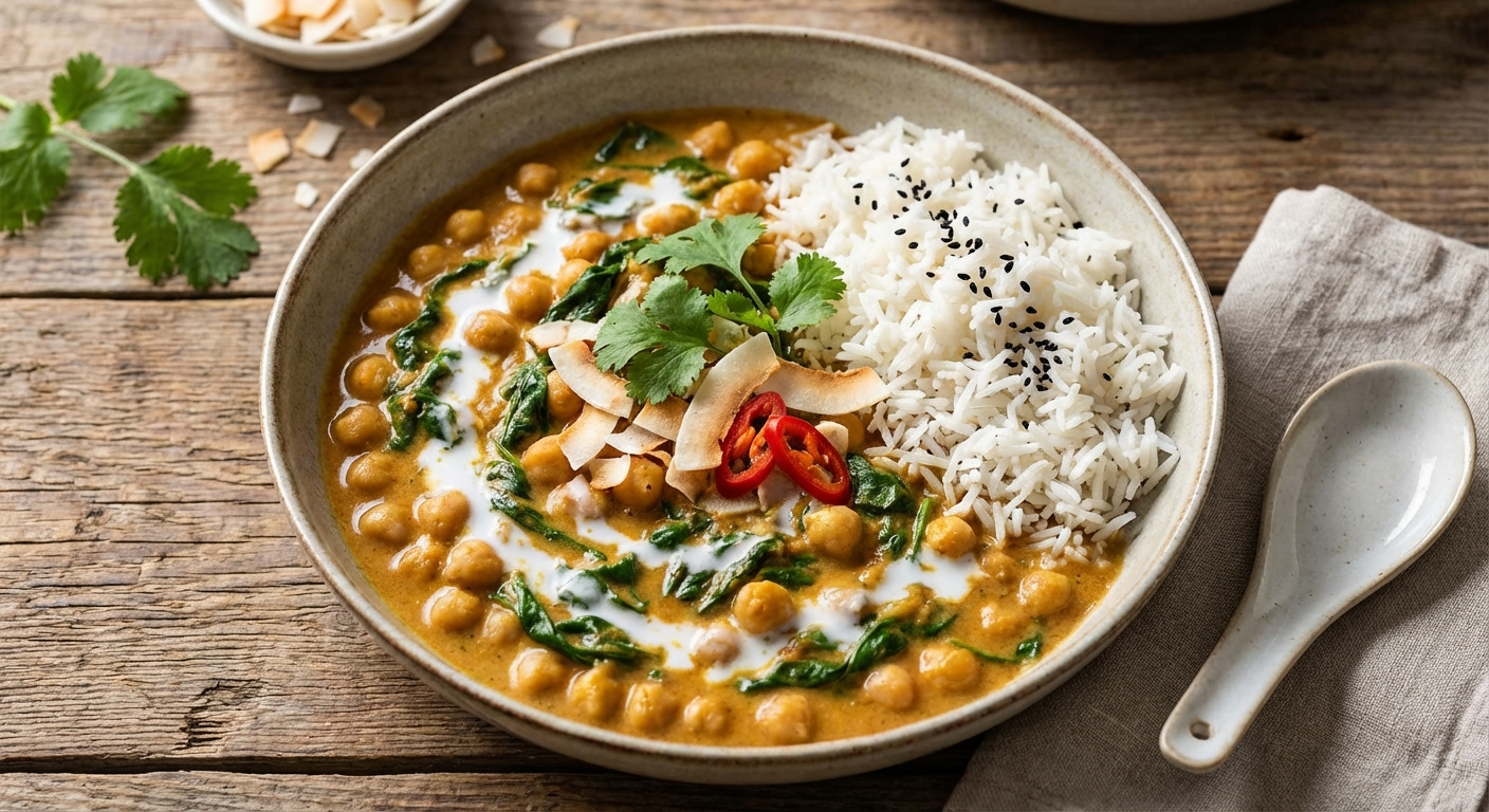 Chickpea & Spinach Coconut Curry with Basmati Rice