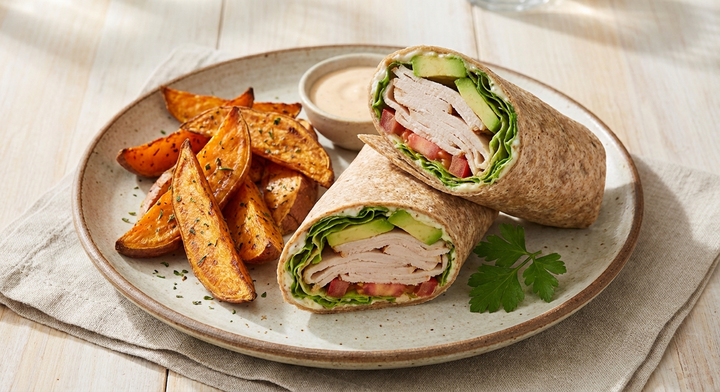 Turkey & Avocado Whole-Wheat Wrap with Roasted Sweet Potato Wedges