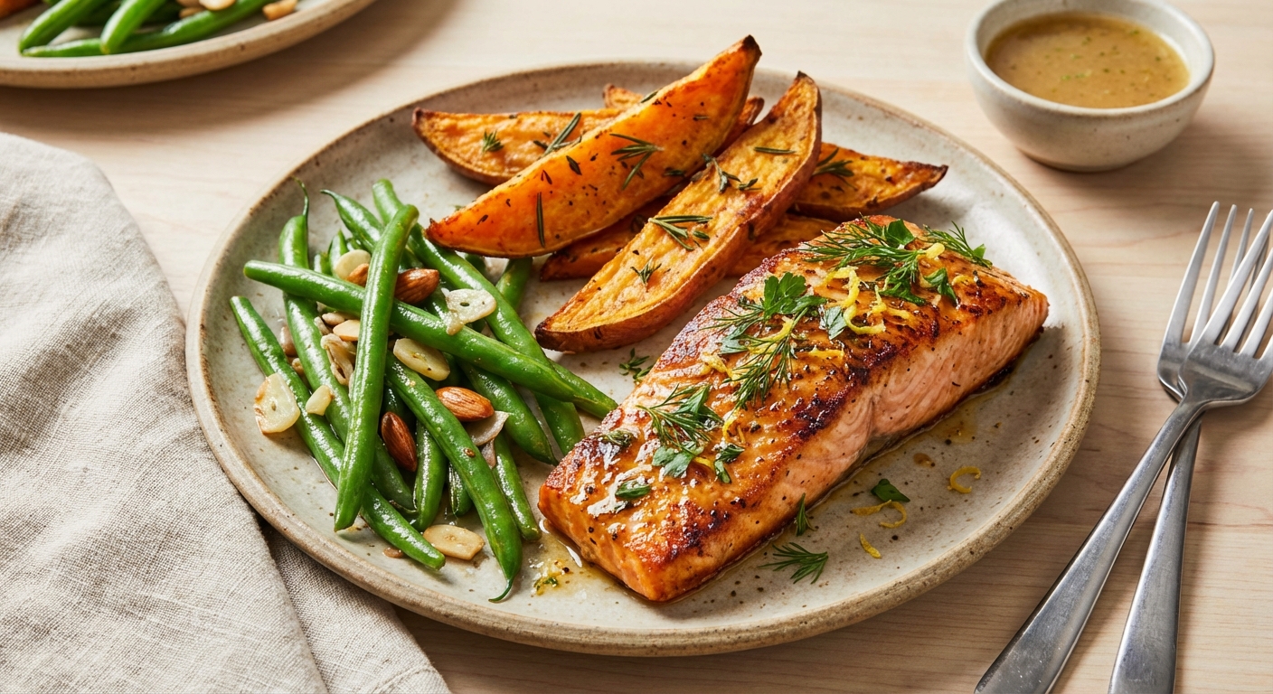 Roasted Salmon with Herbed Sweet Potato Wedges & Sautéed Green Beans