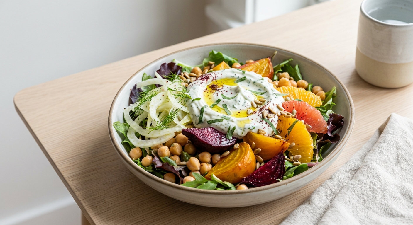 Cold Chickpea, Roasted Beet & Citrus Fennel Bowl with Tarragon Yogurt