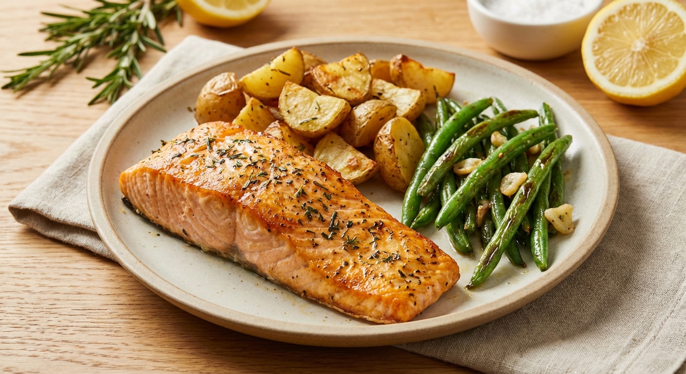 Baked Salmon with Garlic-Rosemary Potatoes & Sautéed Green Beans