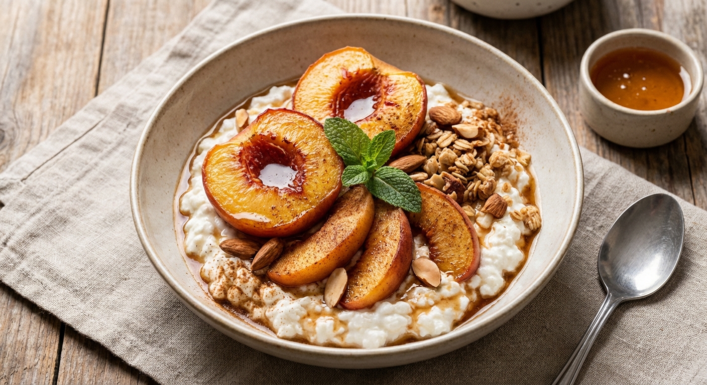Cottage Cheese & Peach Bowl with Toasted Almonds and Warm Cinnamon Peaches