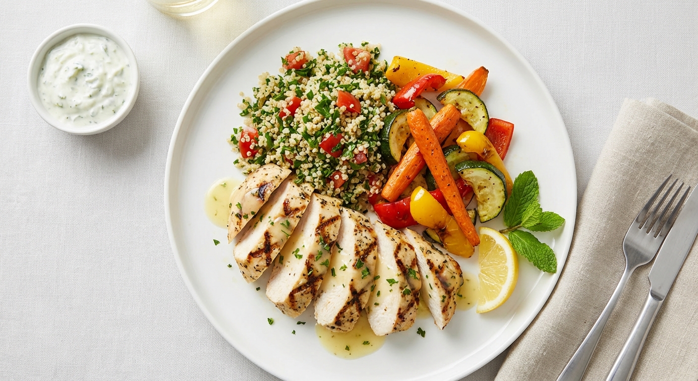 Lemon‑Herb Grilled Chicken with Quinoa Tabbouleh & Roasted Vegetables