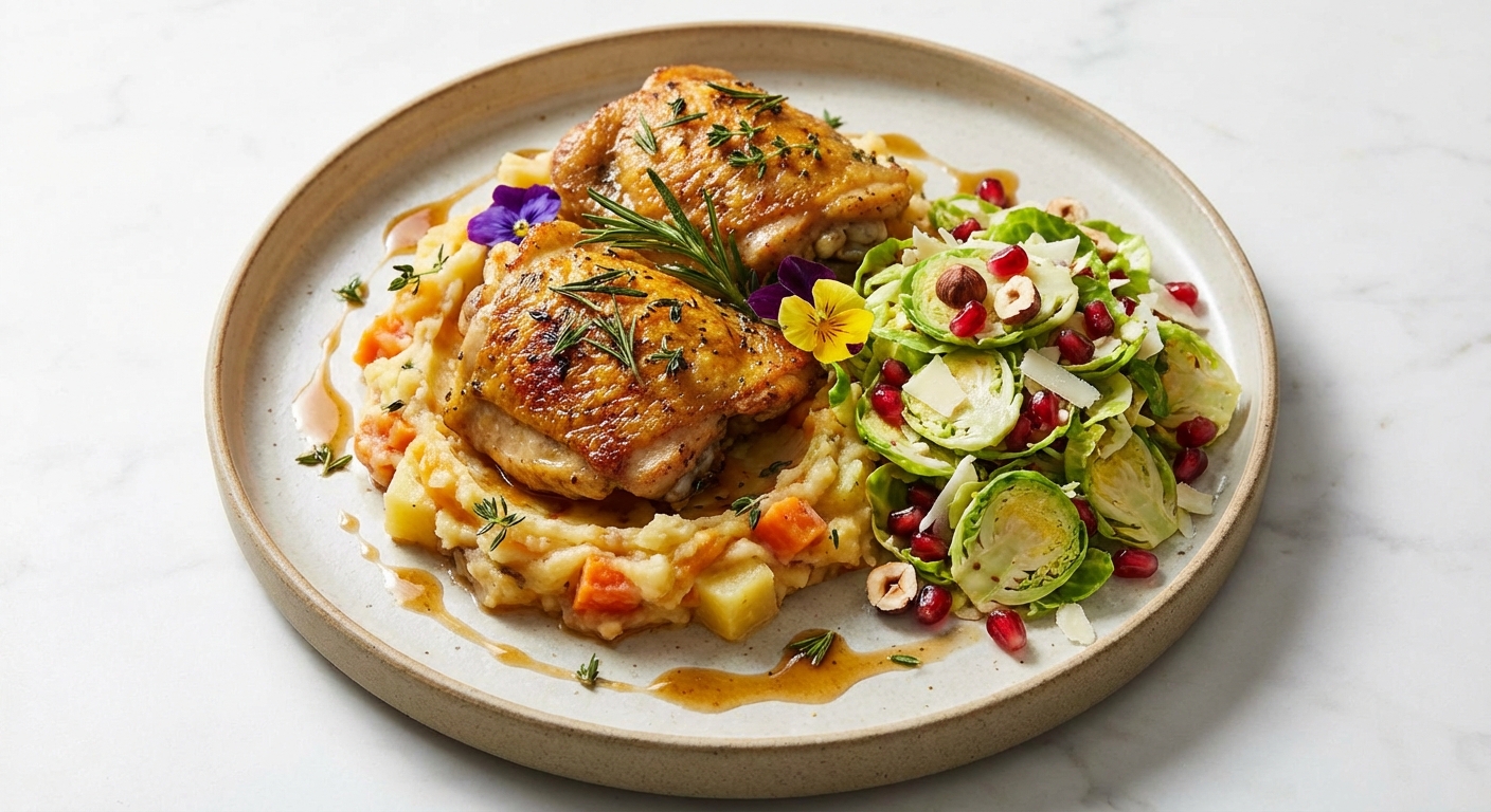 Herb-Roasted Chicken Thighs with Root Vegetable Mash & Brussels Sprout Salad