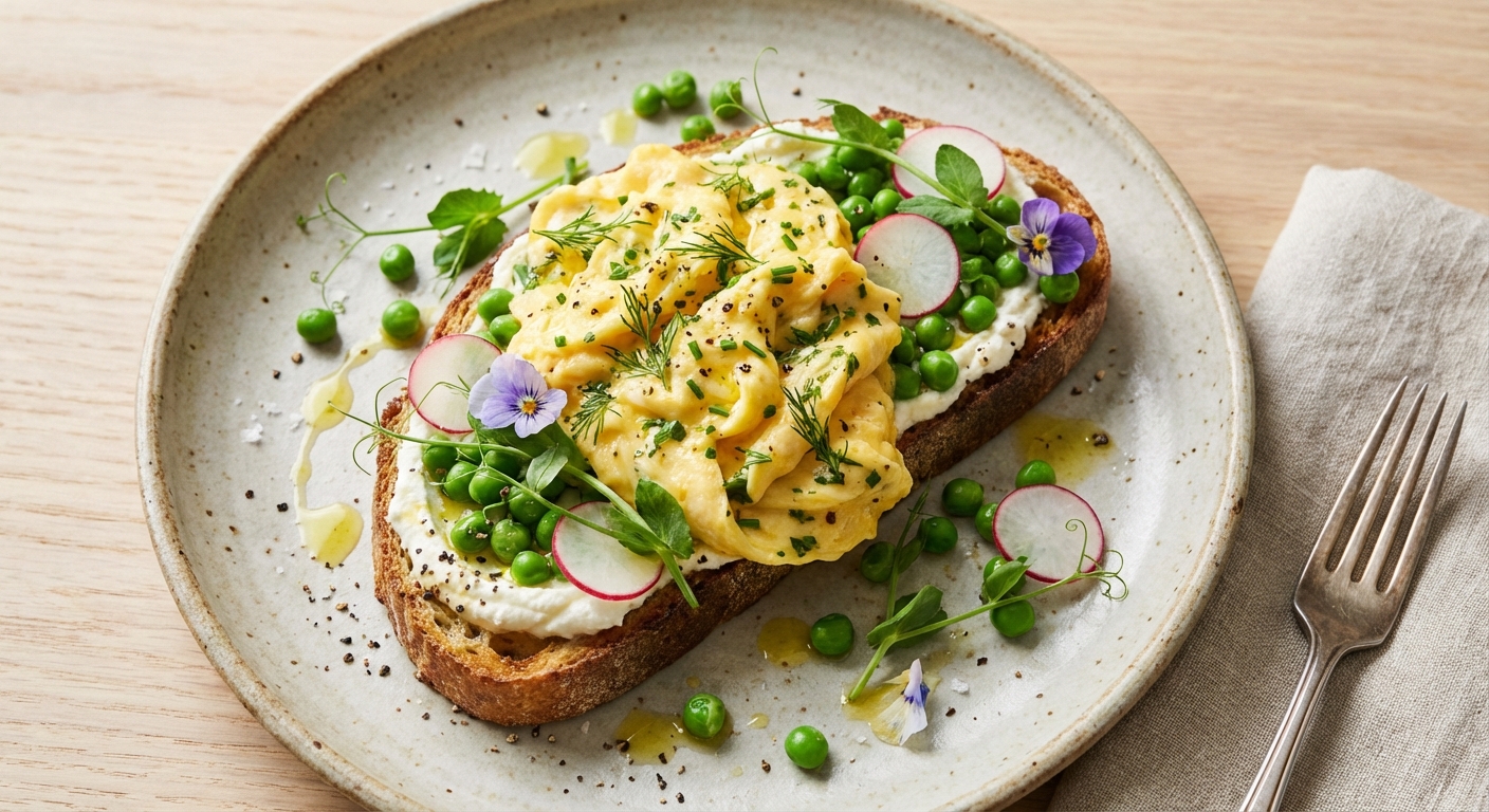 Soft-Herb Scrambled Eggs on Lemon-Ricotta Sourdough with Spring Peas & Radish