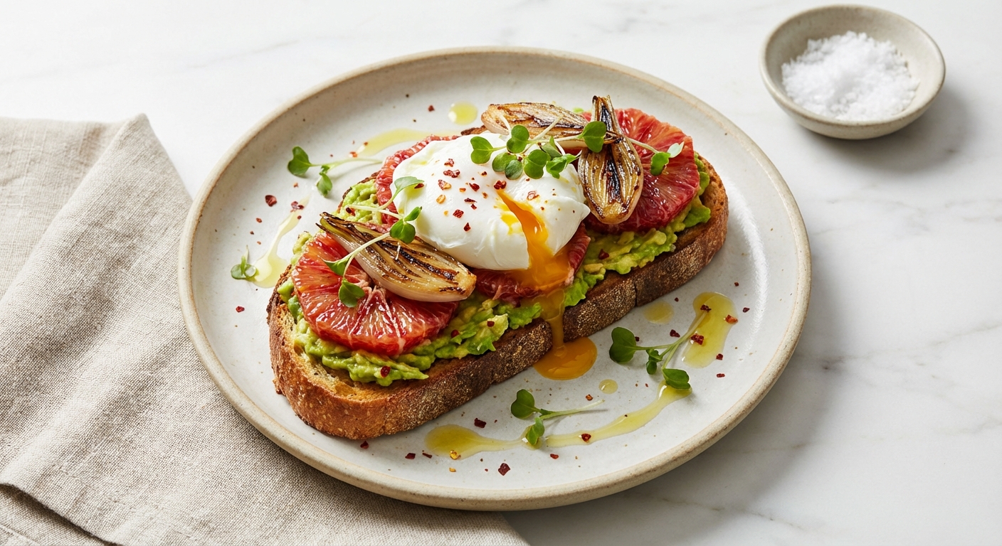 Blood Orange Avocado Toast with Soft-Poached Egg and Charred Shallots