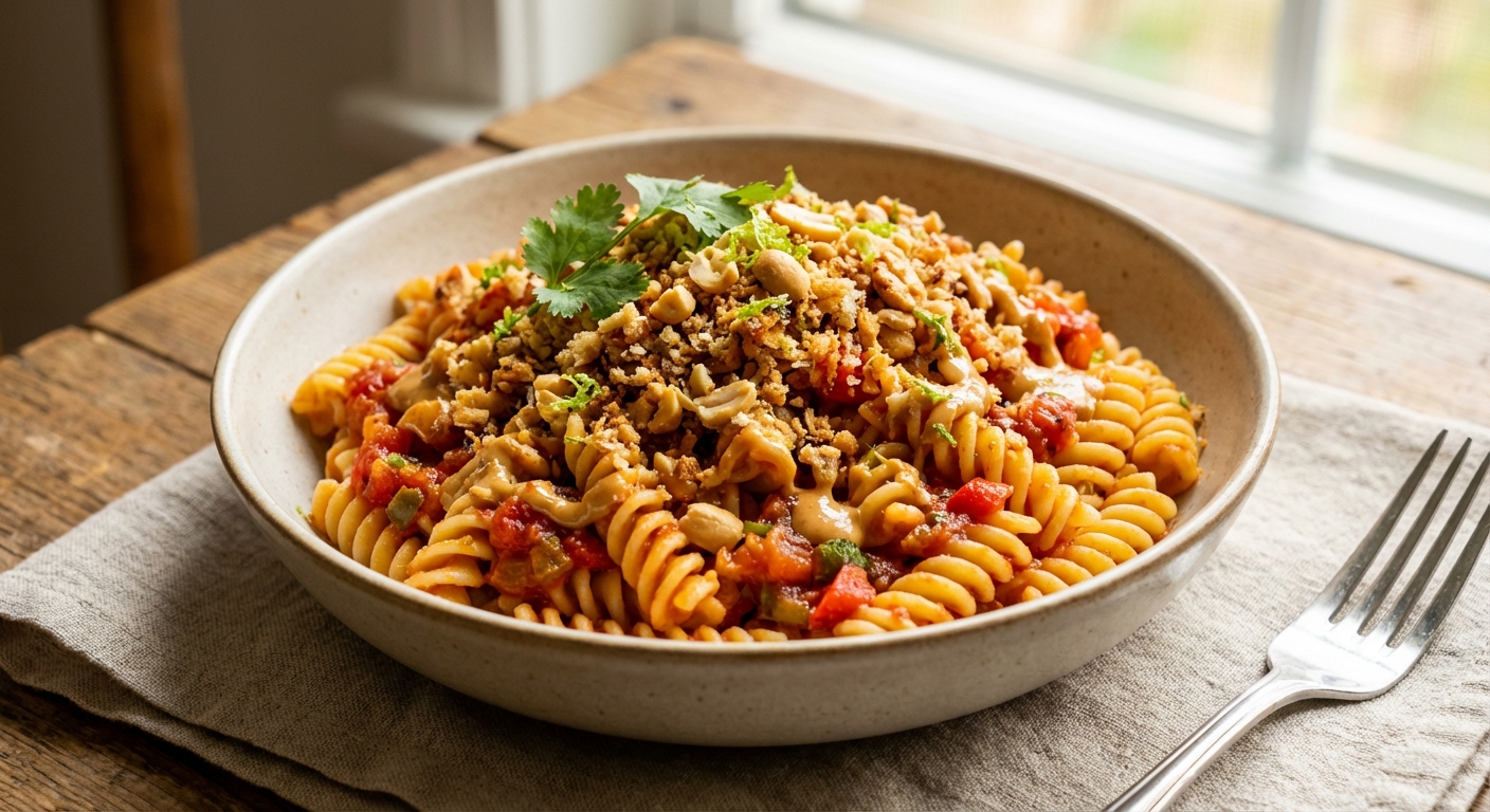 Salsa Pasta with Crunchy Peanut Butter Topping