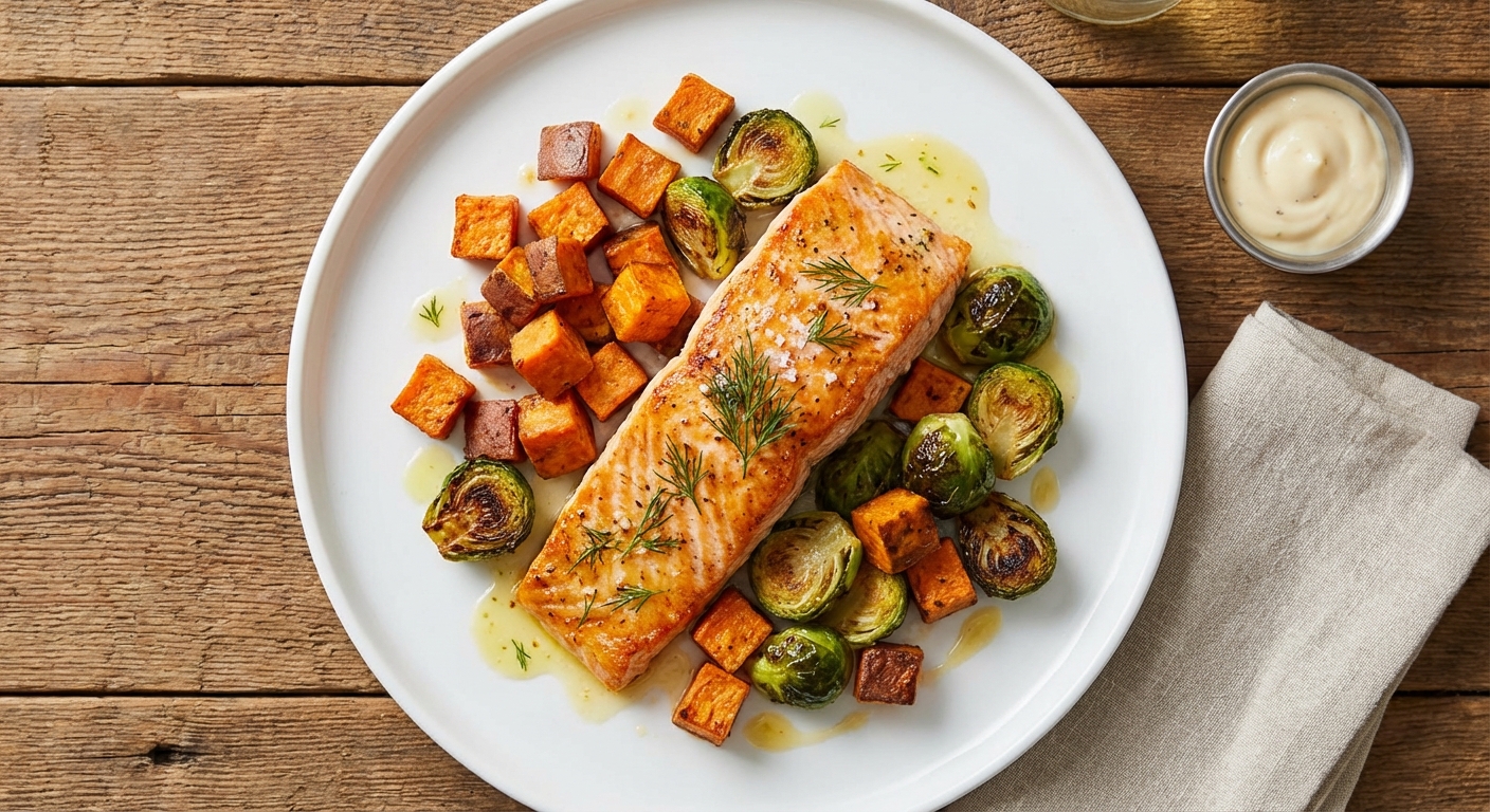 Baked Salmon with Roasted Sweet Potato & Brussels Sprouts