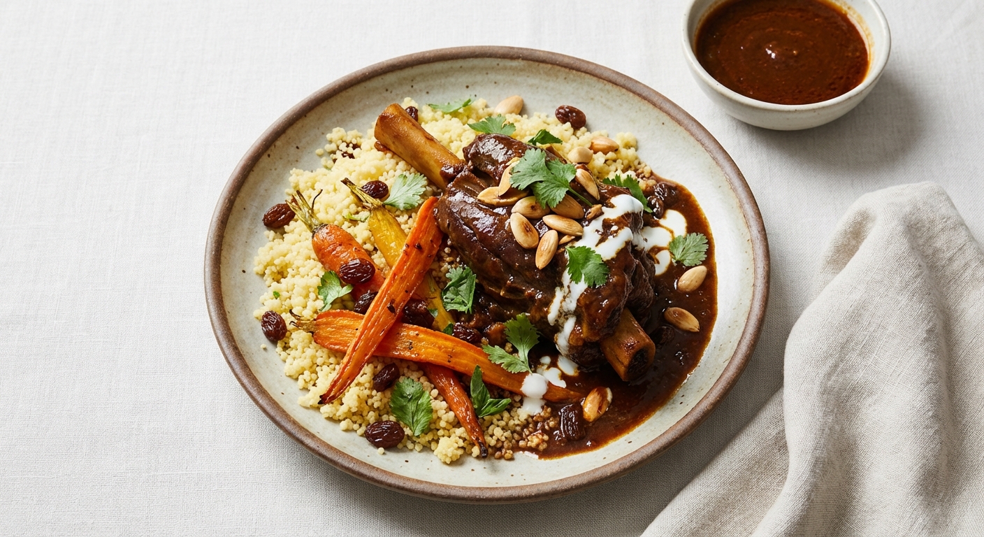 Moroccan‑Spiced Braised Beef with Preserved Lemon Couscous, Roasted Carrot & Winter Raisin Salad