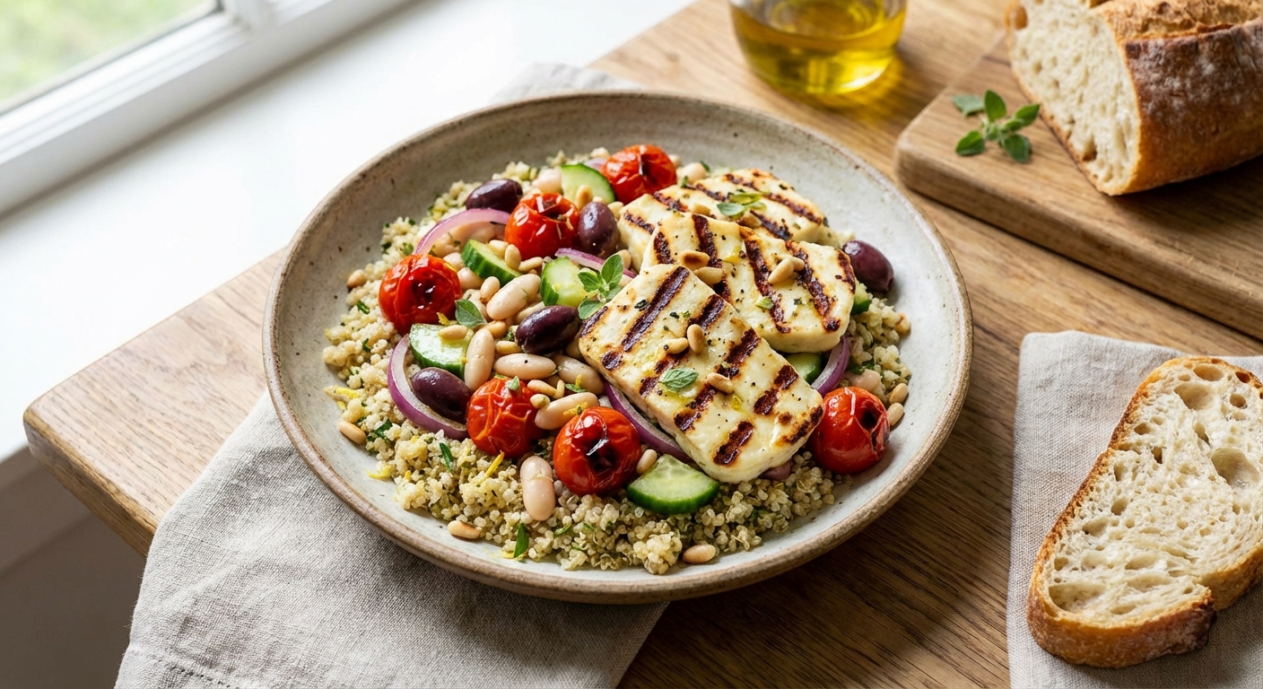 Mediterranean Grilled Halloumi & Cannellini Bean Salad over Lemon‑Herb Quinoa