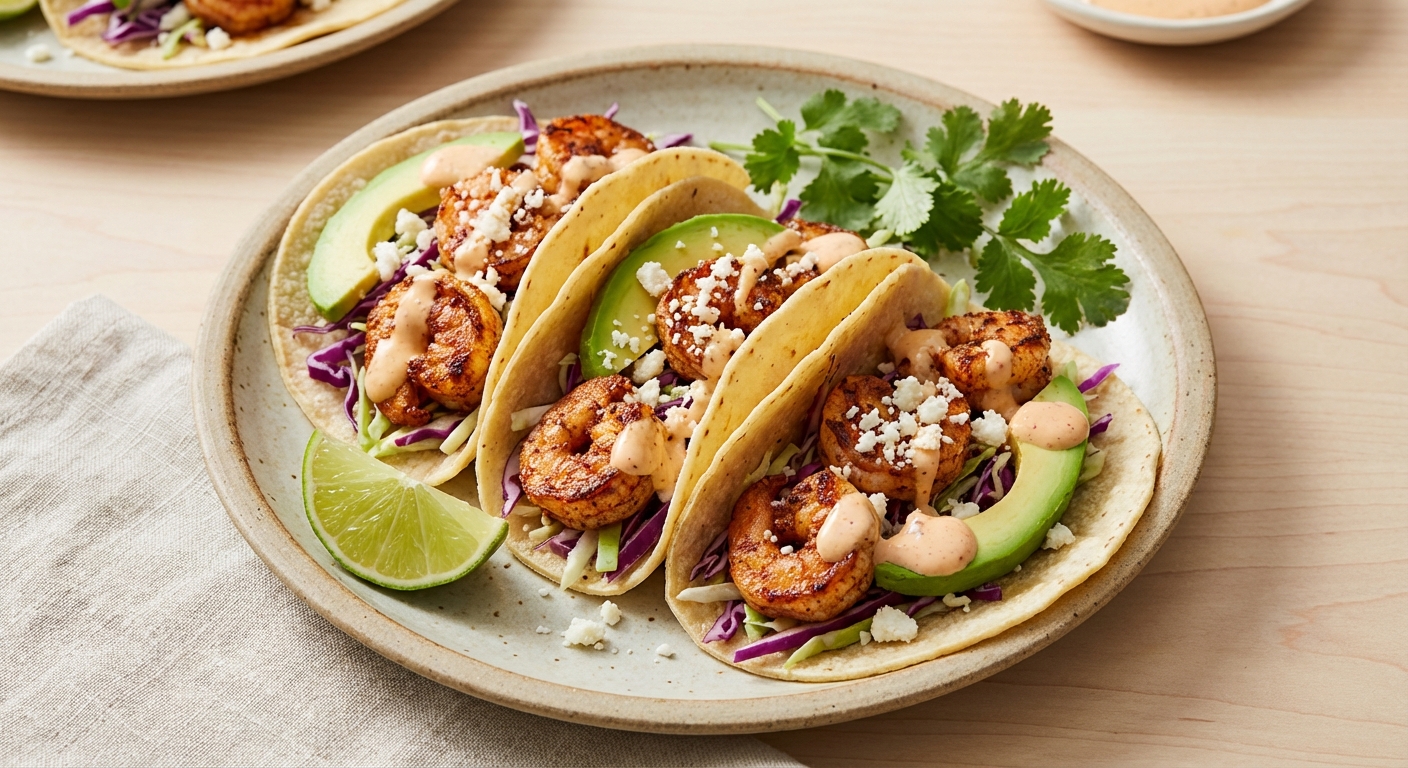 Spicy Shrimp Tacos with Cabbage Slaw & Avocado