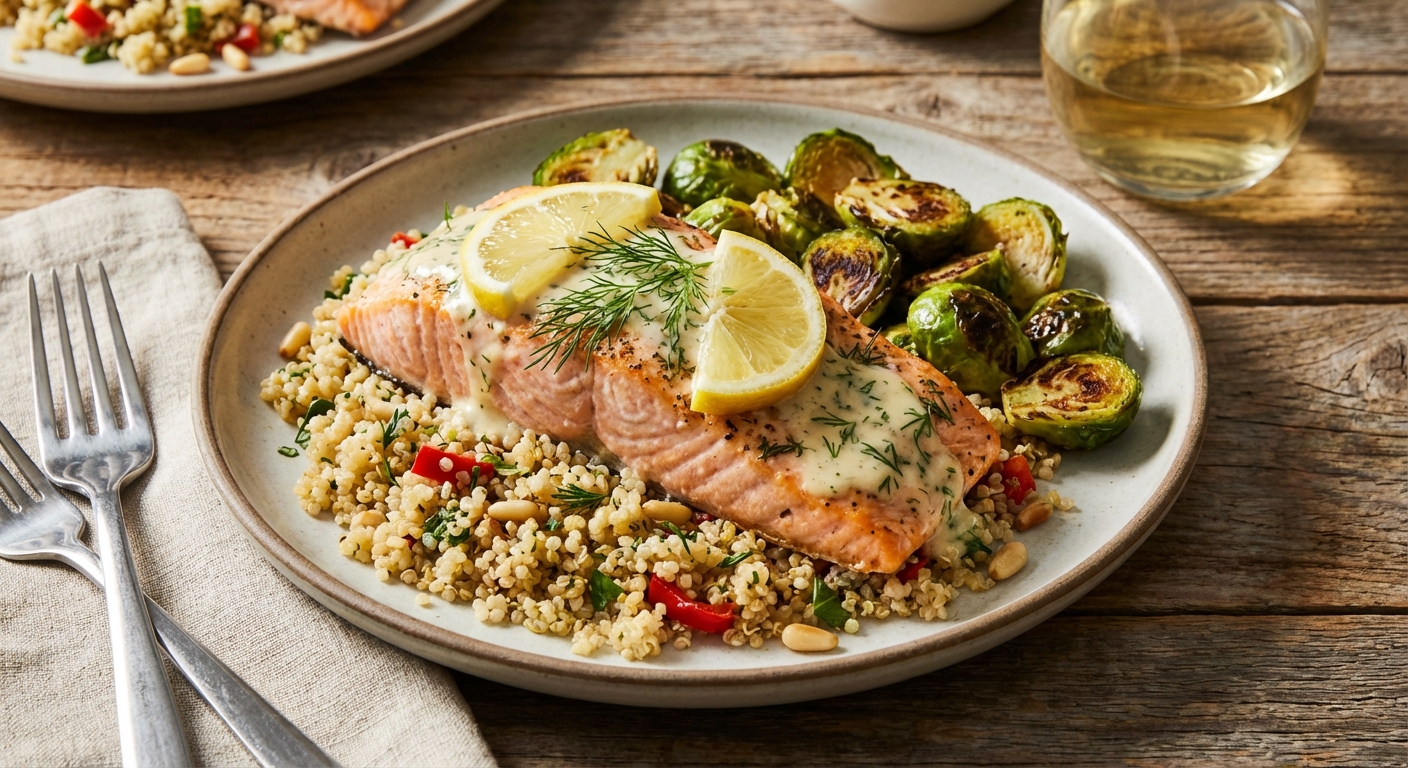 Baked Lemon-Dill Salmon with Quinoa Pilaf & Roasted Brussels Sprouts