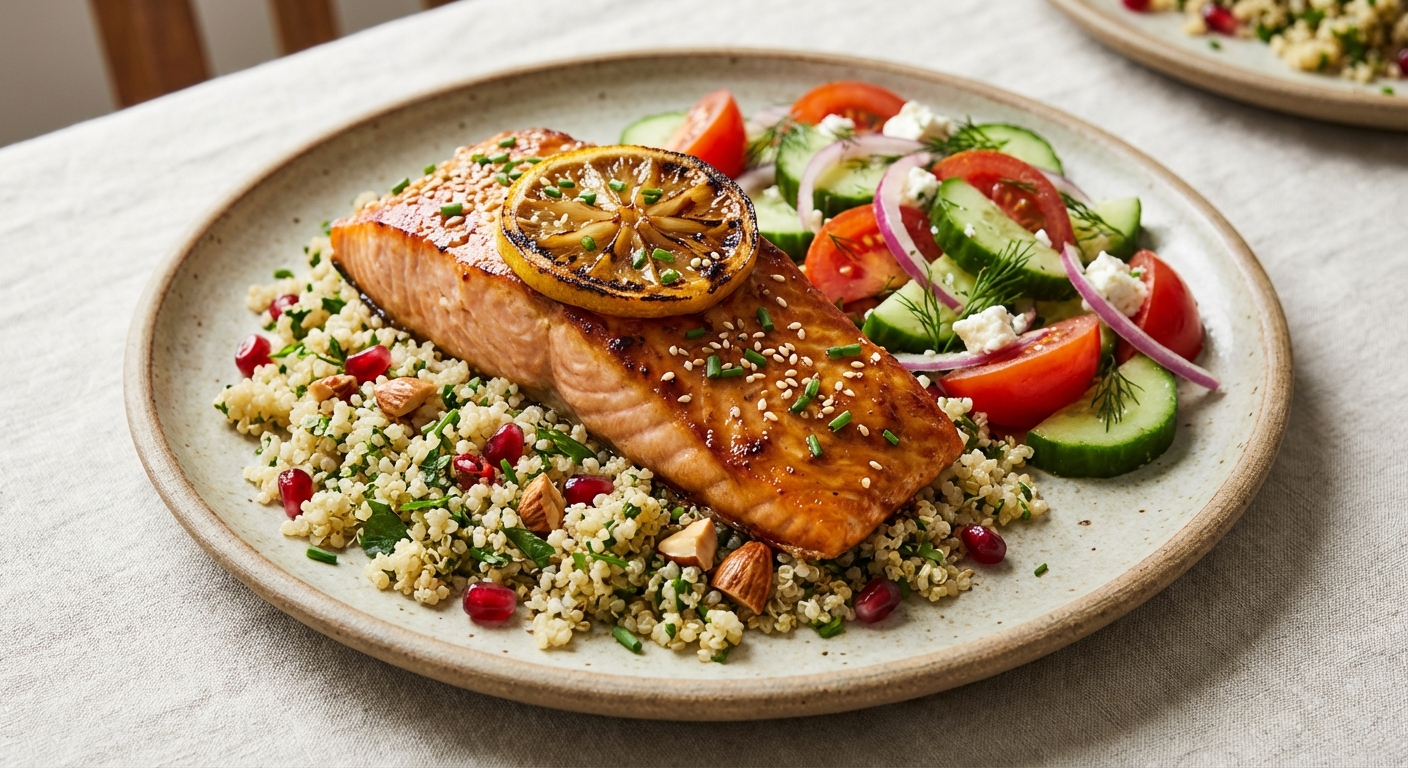 Miso-Lemon Broiled Salmon with Herbed Quinoa & Cucumber-Tomato Salad
