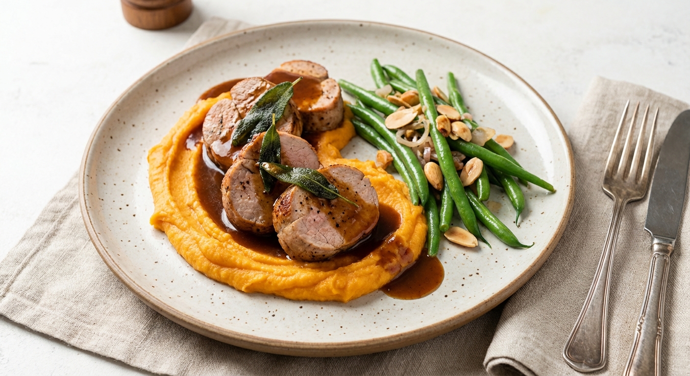 Pork Tenderloin with Sweet Potato Mash and Green Beans