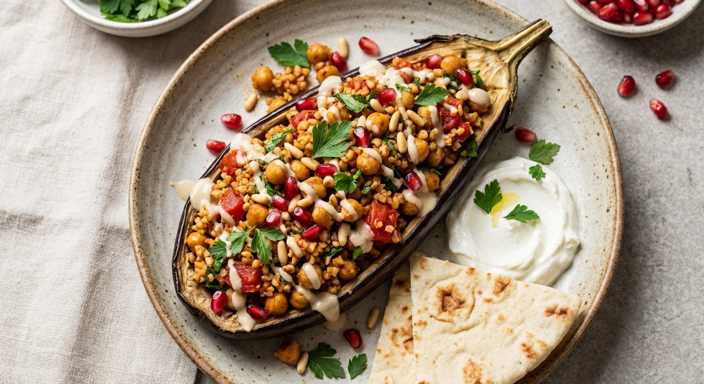 Baked Stuffed Eggplant with Chickpeas and Bulgur